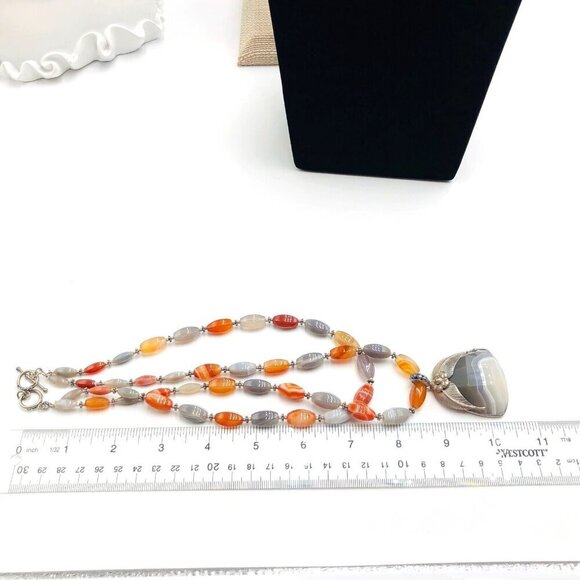 Meras Womens Necklace Striped Agate Sterling Silver Pendant Designer - Picture 3 of 4
